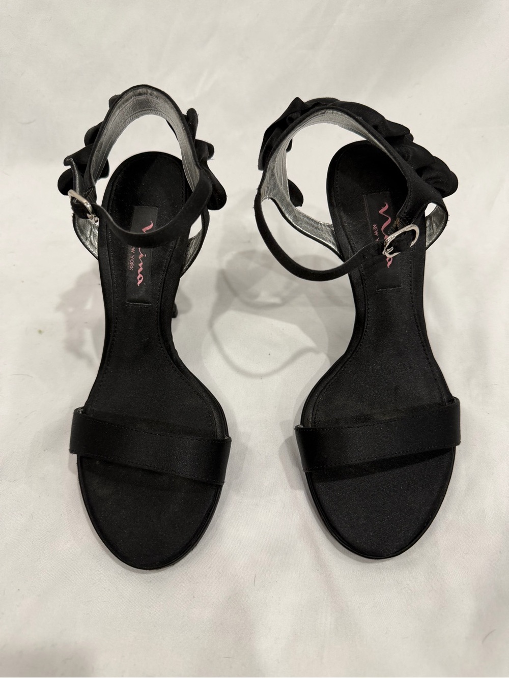 Nina Black Ruffle Ankle-Strap Sandals